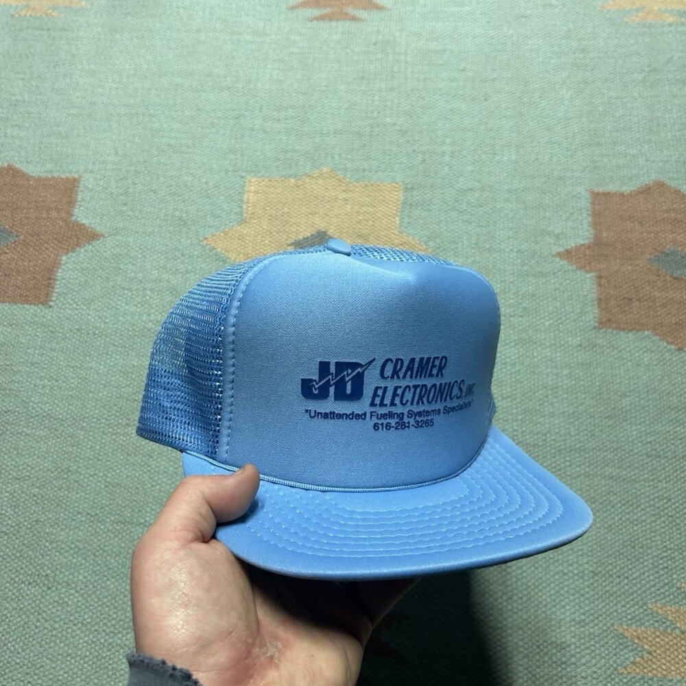 Vintage trucker hat mesh cap JD Cramer Electronics fuel blue snap adjustable